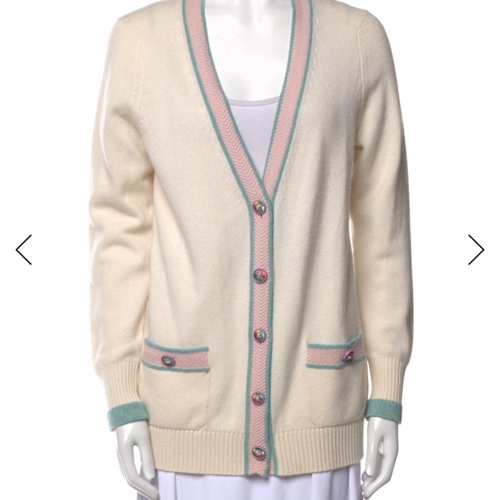 CHANEL Cream Cardigan with Pink and Green Trim